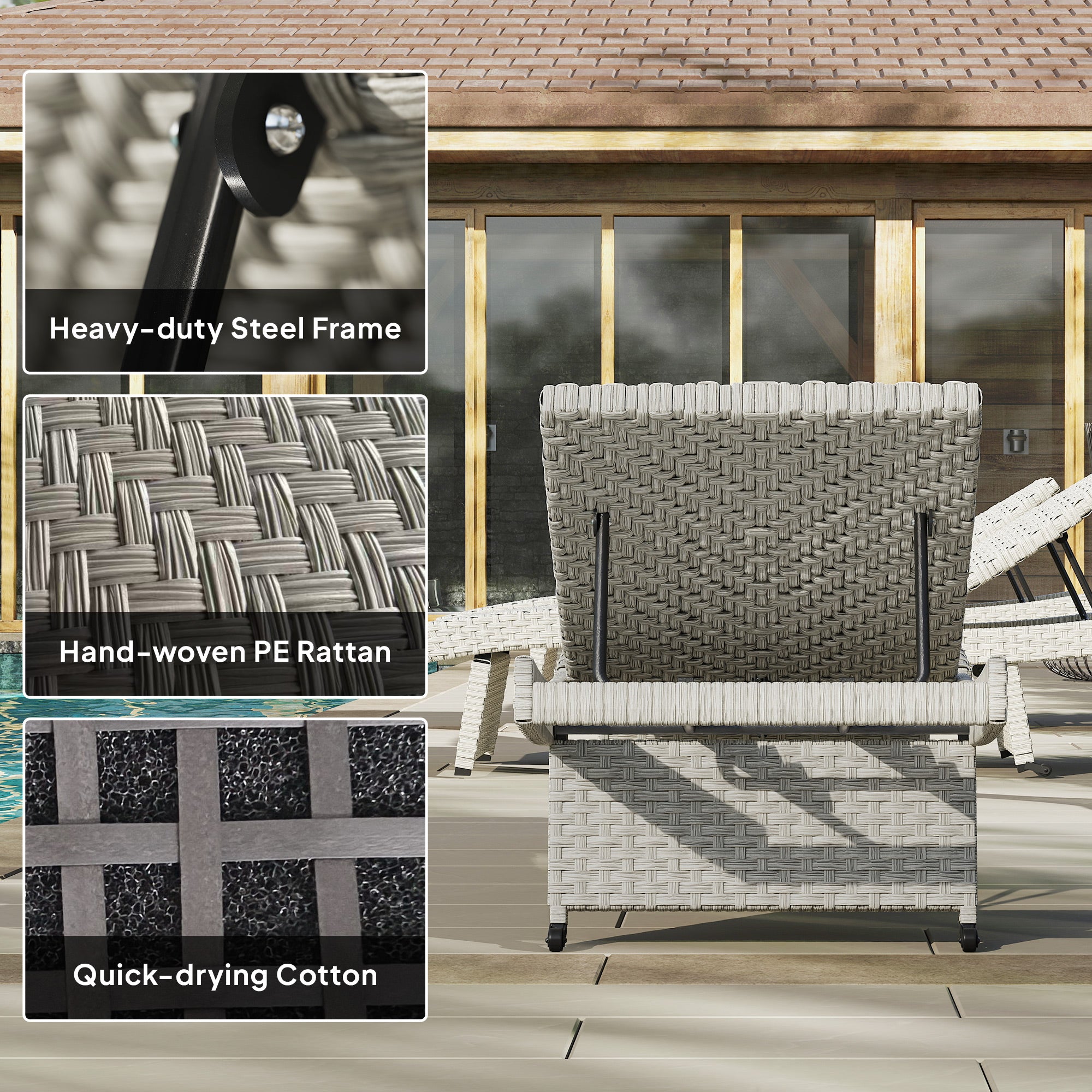 Outsunny Outdoor PE Rattan Sun Lounger, Folding Wicker Garden Lounger Recliner with 4-Level Adjustable Backrest, Rolling Sunbed Lounge Chair with Wheels, Non-Slip Legs for Balcony, Beach, Grey