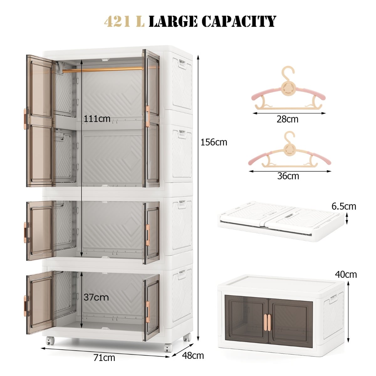 421L Storage Bins with Lid Portable Plastic Wardrobe Closet Organizer-White