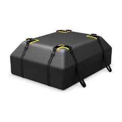 424L Car Roof Bag, a black waterproof box with yellow and black straps, shown from a front-side angle