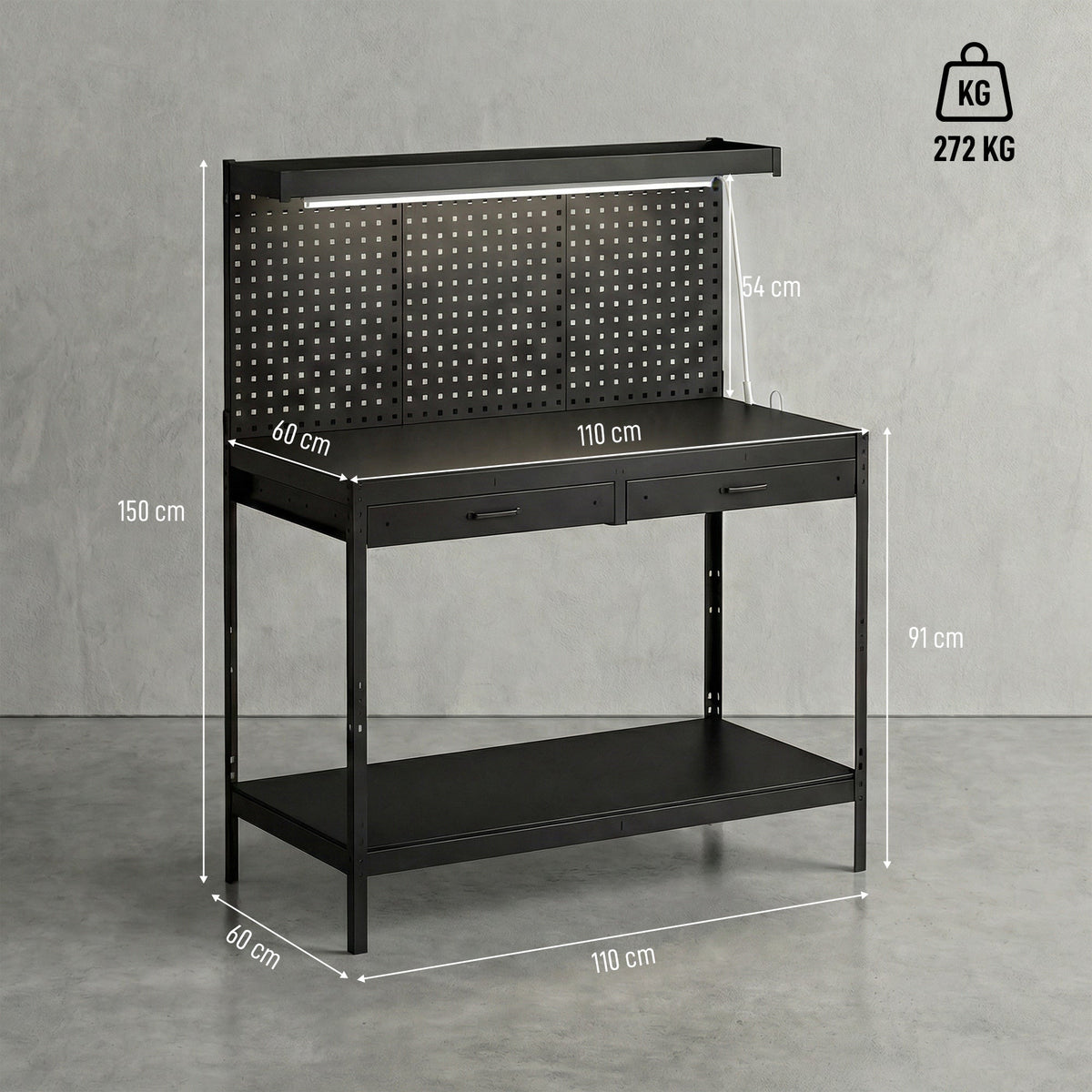 HOMCOM 110 cm Workbench with Pegboard, Heavy Duty Work Table with Power Strip and LED Light, Black