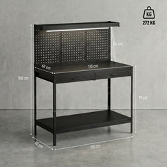 HOMCOM 110 cm Workbench with Pegboard, Heavy Duty Work Table with Power Strip and LED Light, Black
