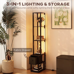HOMCOM Floor Lamp with Shelves, LED Column Modern Standing Lamp with Fabric Drawer, Adjustable Brightness, Foot Switch for Living Room, Bedroom, Office, Black