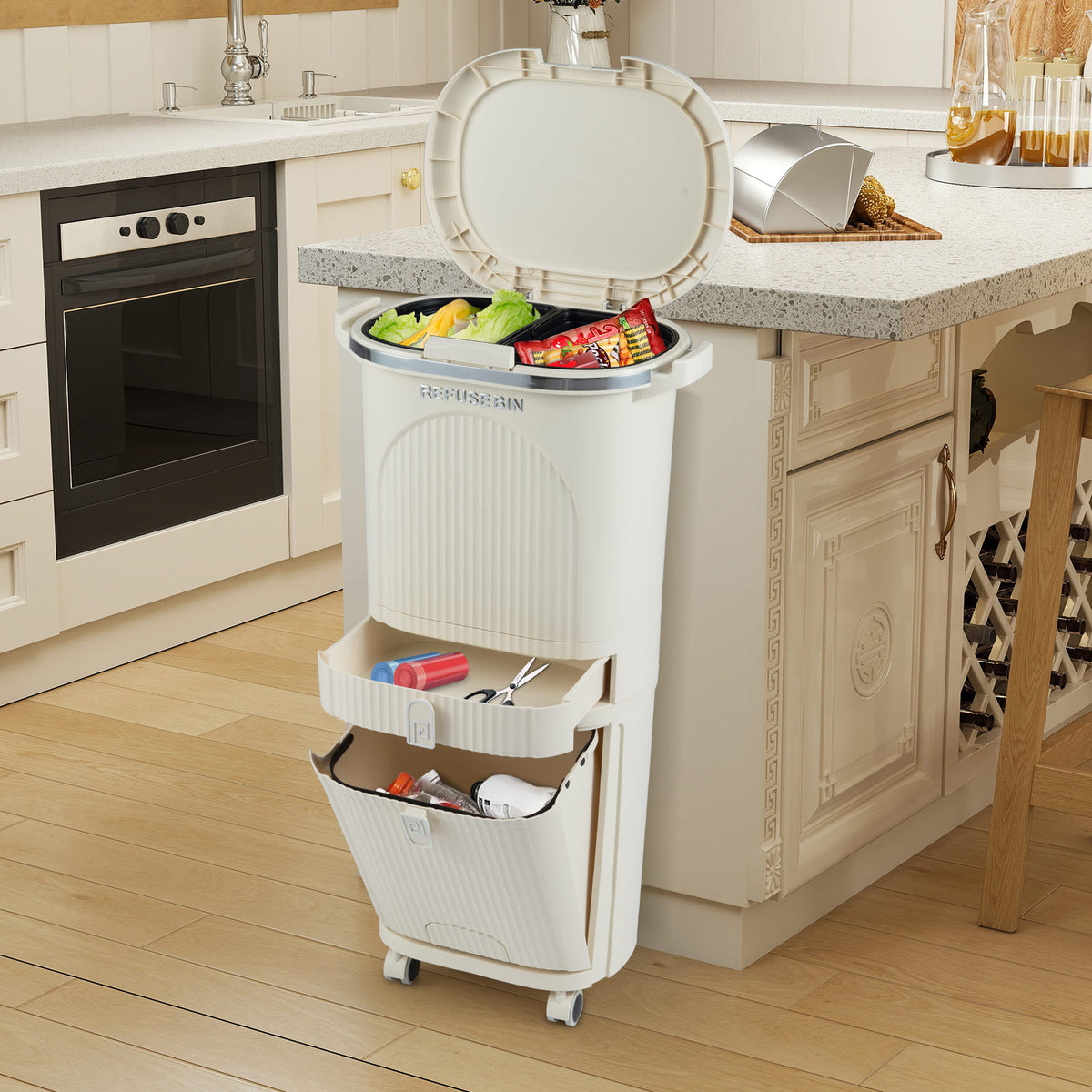 42L Kitchen Trash Can with Lid and 2 Detachable Buckets-Beige