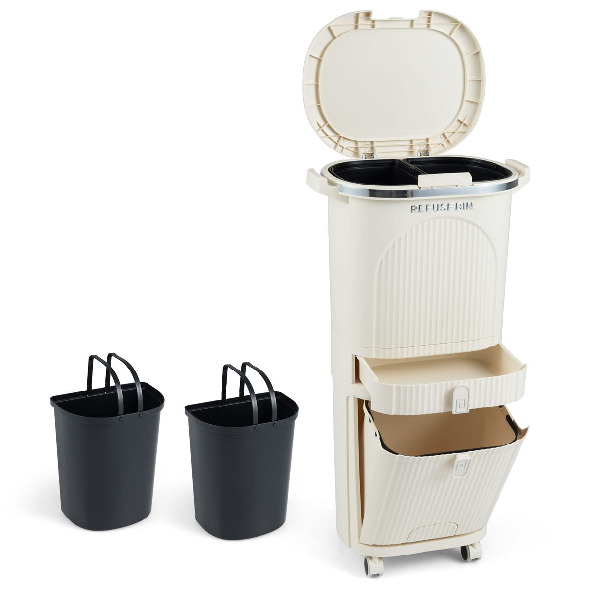 42L Kitchen Trash Can with Lid and 2 Detachable Buckets-Beige