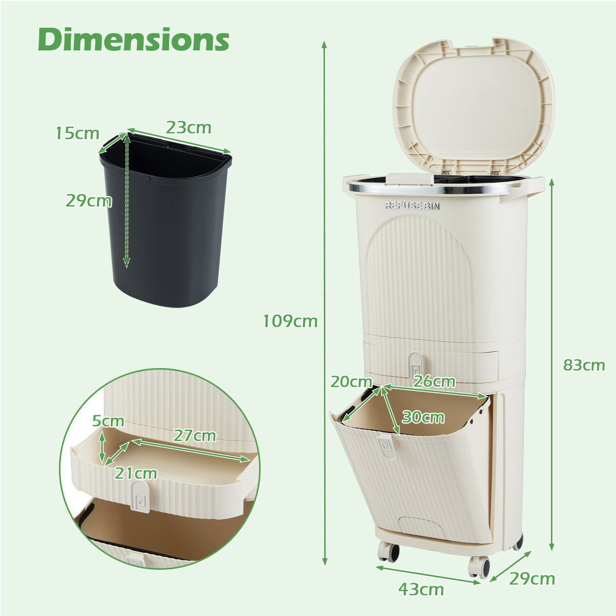 42L Kitchen Trash Can with Lid and 2 Detachable Buckets-Beige
