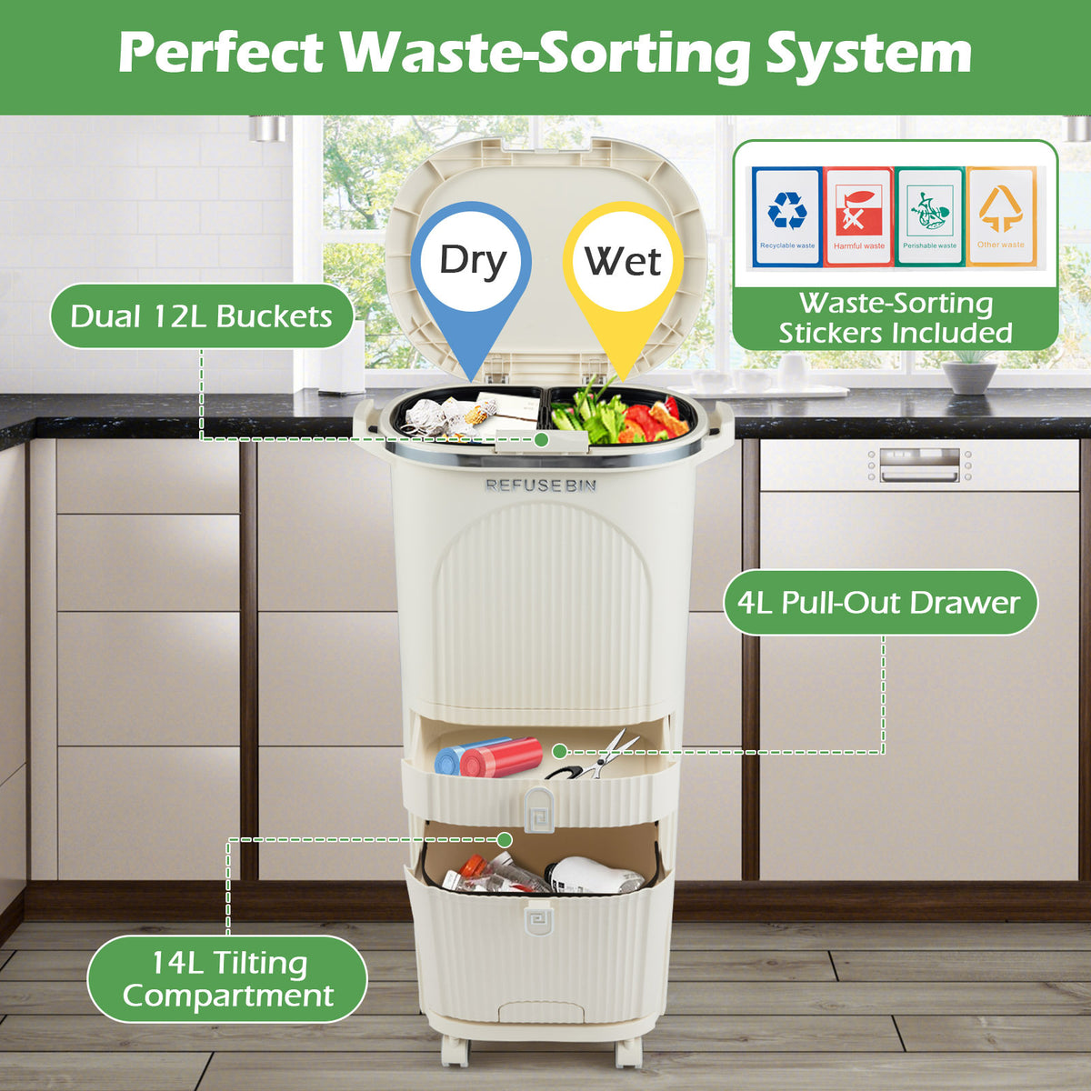 42L Kitchen Trash Can with Lid and 2 Detachable Buckets-Beige