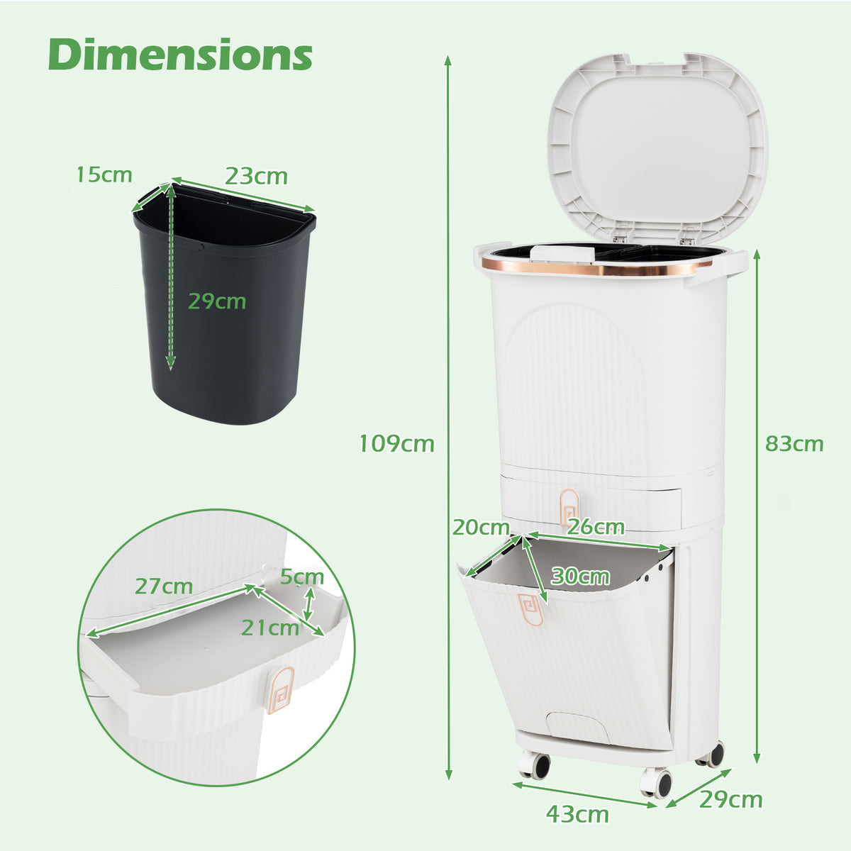 42L Kitchen Trash Can with Lid and 2 Detachable Buckets-White
