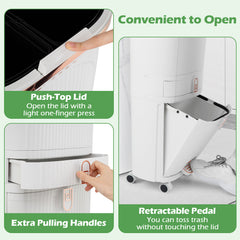 42L Kitchen Trash Can with Lid and 2 Detachable Buckets-White