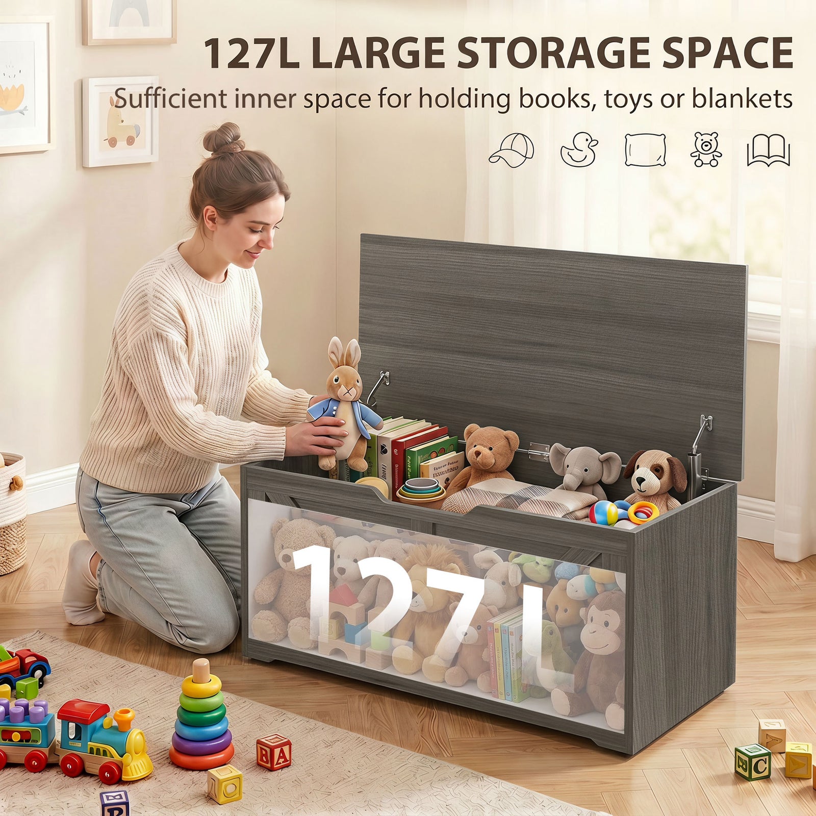 HOMCOM 127L Home Storage Box, with Safety Hinges - Dark Grey Wood-Effect
