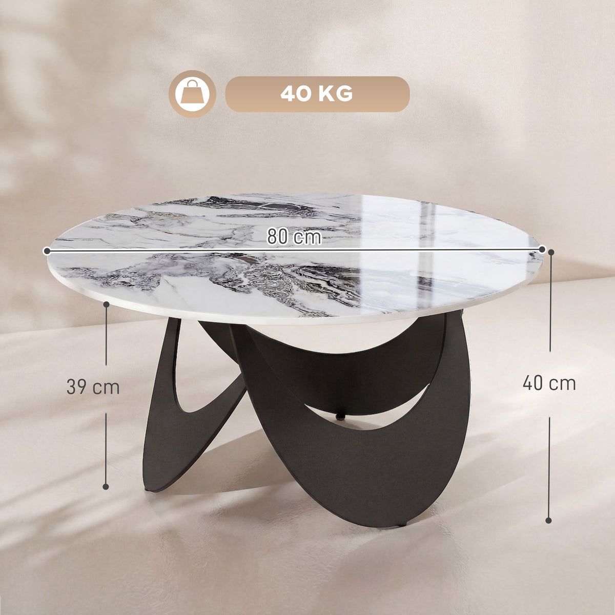 HOMCOM Coffee Table Sintered Stone Top Adjustable Foot Pads Modern Centre Table for Living Room White and Black