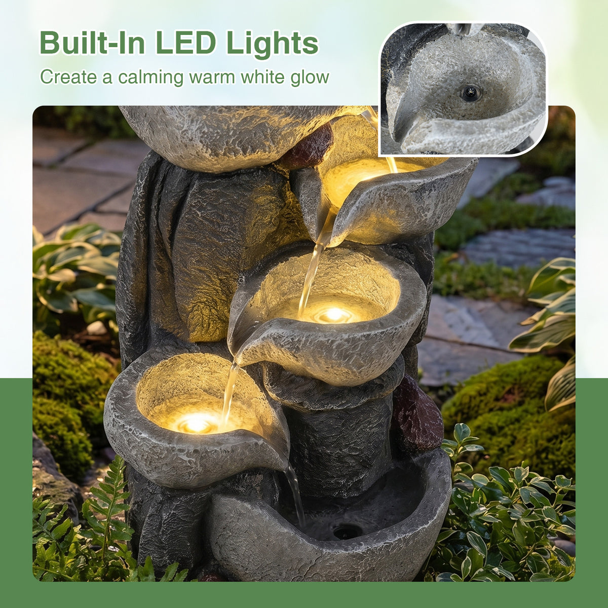 44.5 cm 5-Tier Outdoor Water Fountain with LED Lights and with Pump for Patio