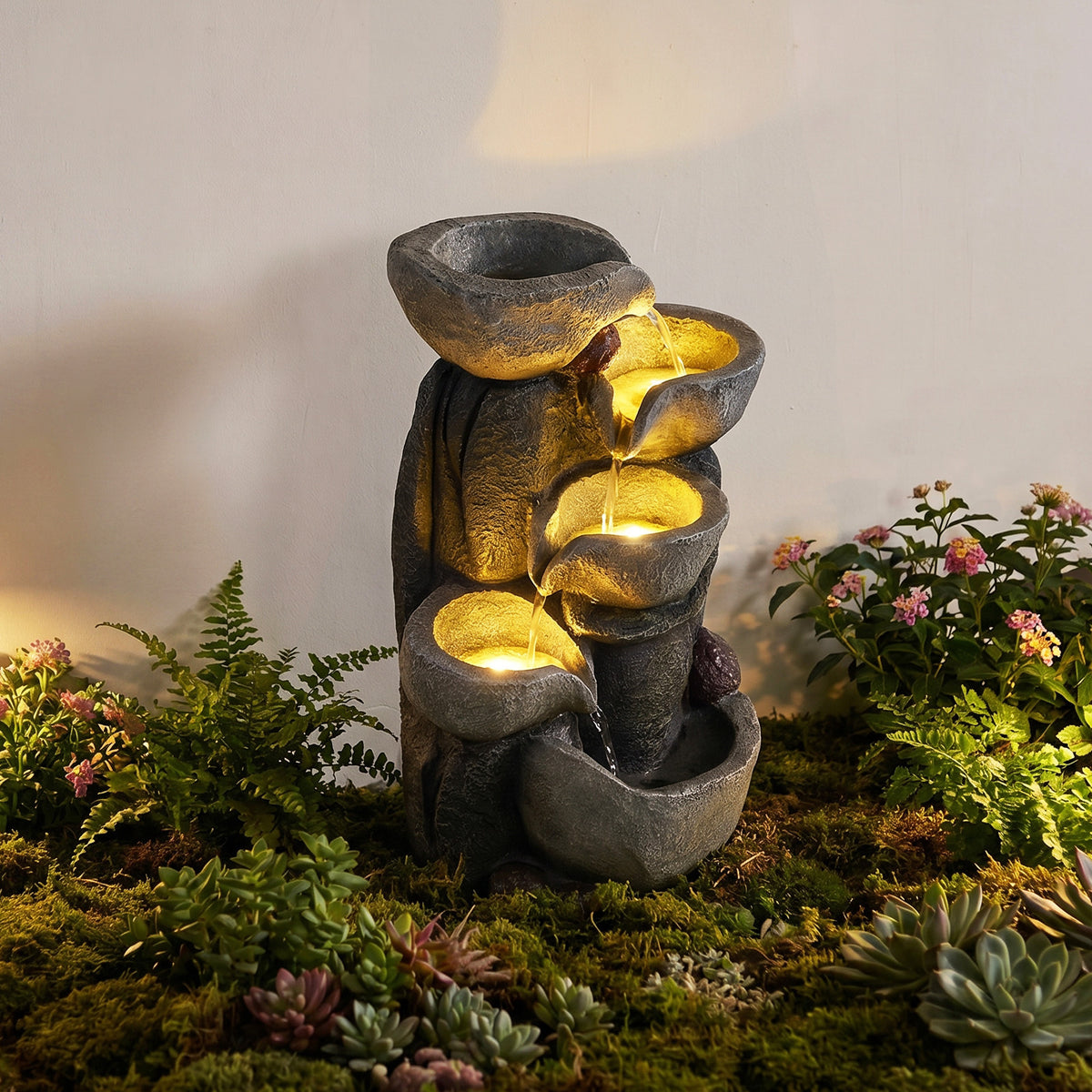 44.5 cm 5-Tier Outdoor Water Fountain with LED Lights and with Pump for Patio