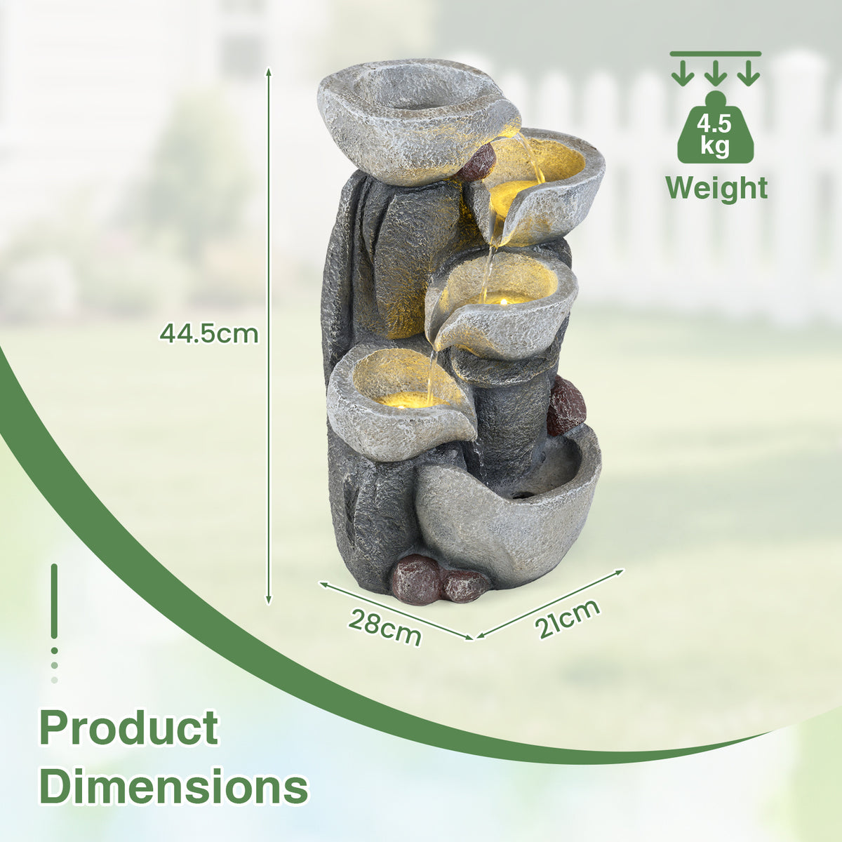44.5 cm 5-Tier Outdoor Water Fountain with LED Lights and with Pump for Patio