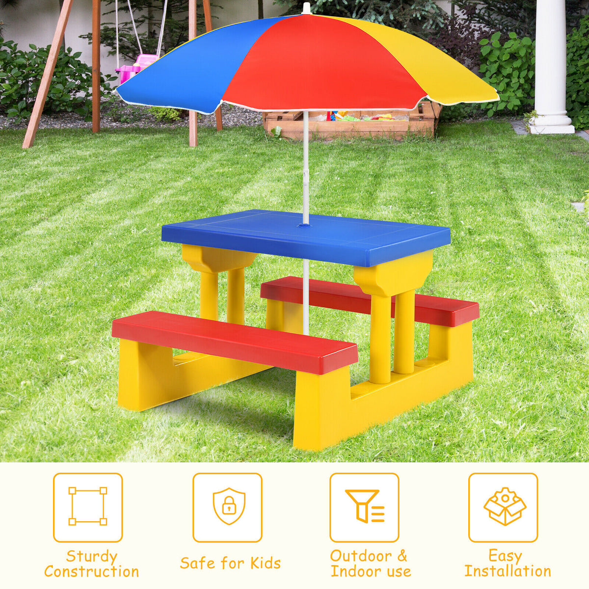 Kids Picnic Table Set with Removable Umbrella-Color