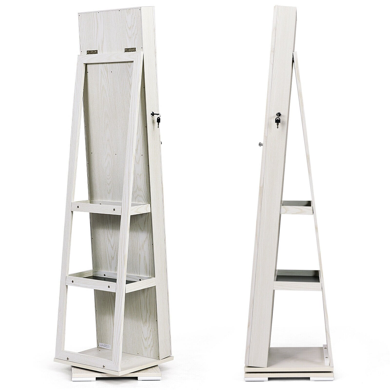 Full Length Mirrored Jewellery Cabinet Rotates 360¬∞ with Open Display Shelves-White