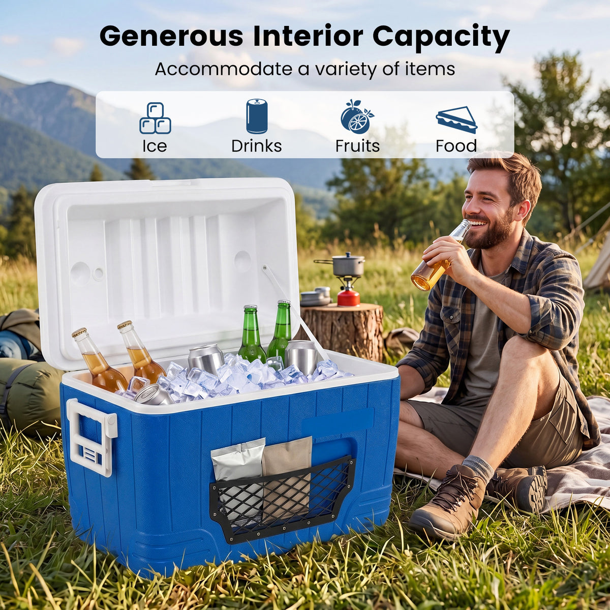 45 L Insulated Portable Cooler Hard Shell with 4 Cup Holders and Drain Plug-Blue