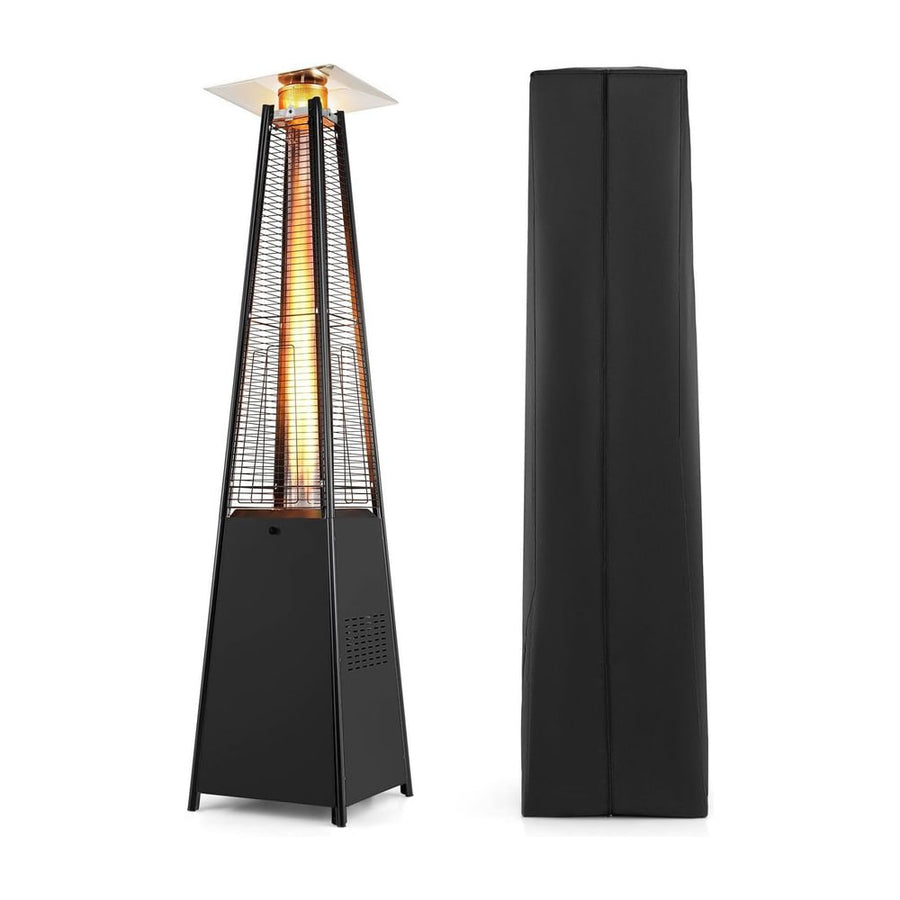 BTU Pyramid Patio Heater shown both uncovered and with its black protective cover