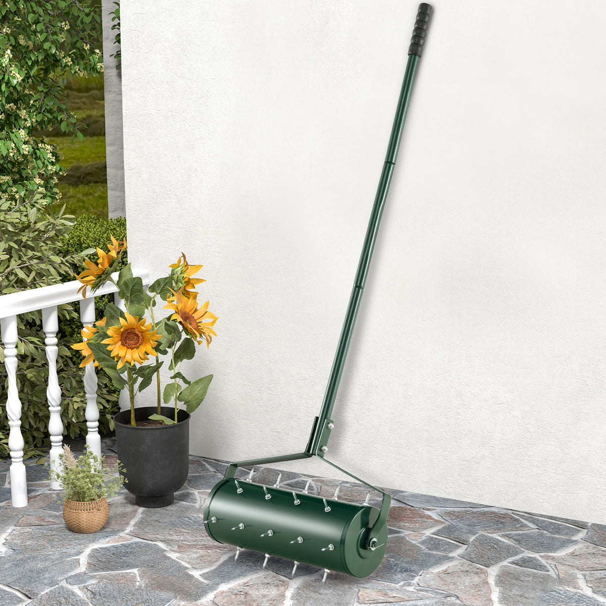 45 cm Manual Rolling Lawn Aerator Tool with 130 cm Detachable Handle-Green