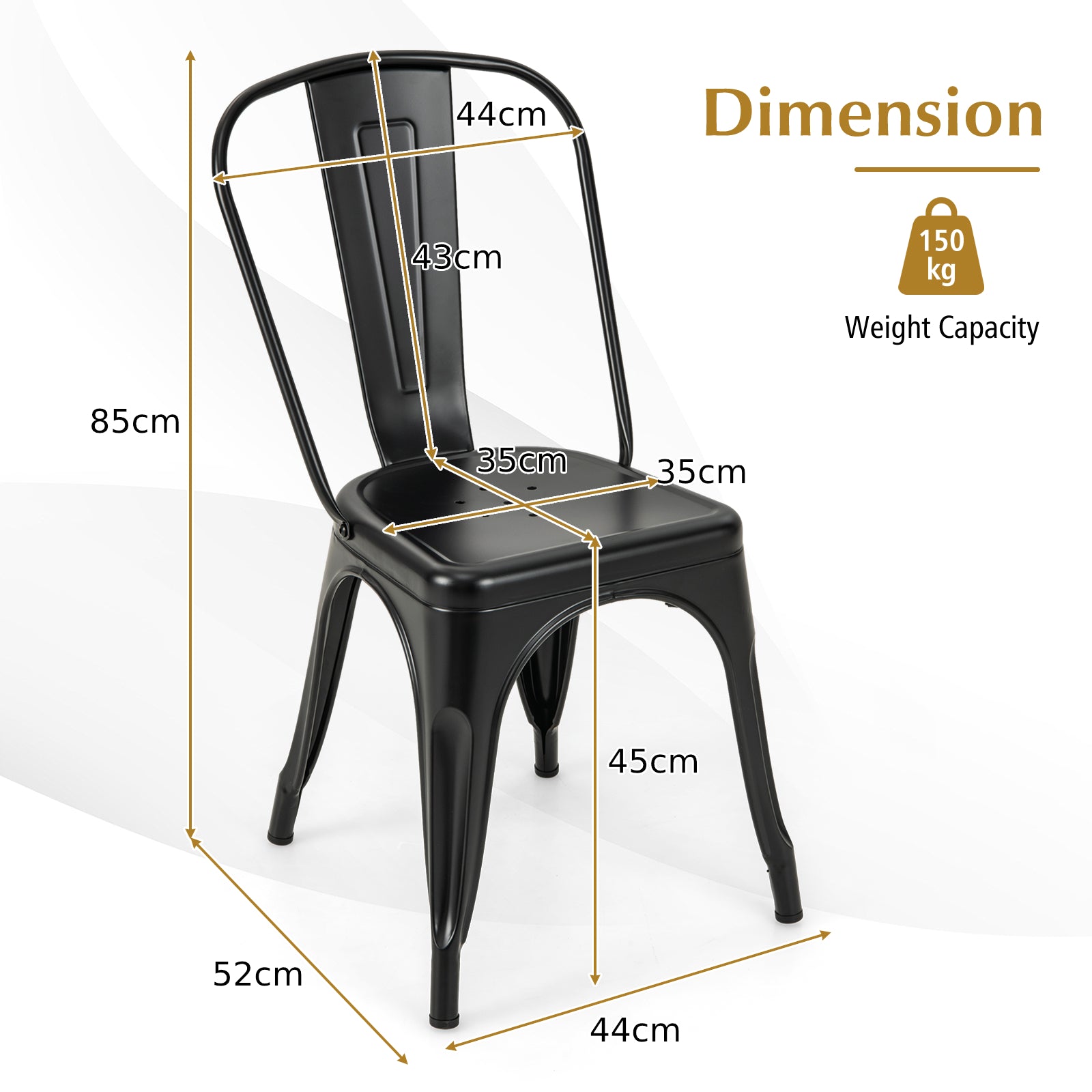 Metal High Back Bar Stools 45cm with Removable Backrest-Black-Set of 4