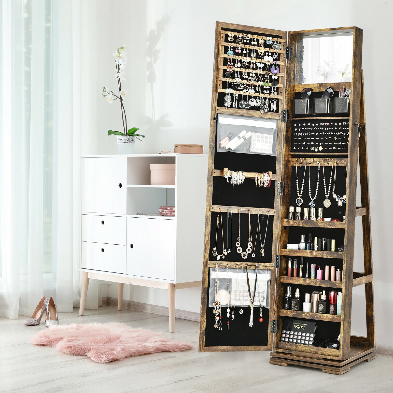 Full Length Mirrored Jewellery Cabinet Rotates 360¬∞ with Open Display Shelves-Rustic Brown