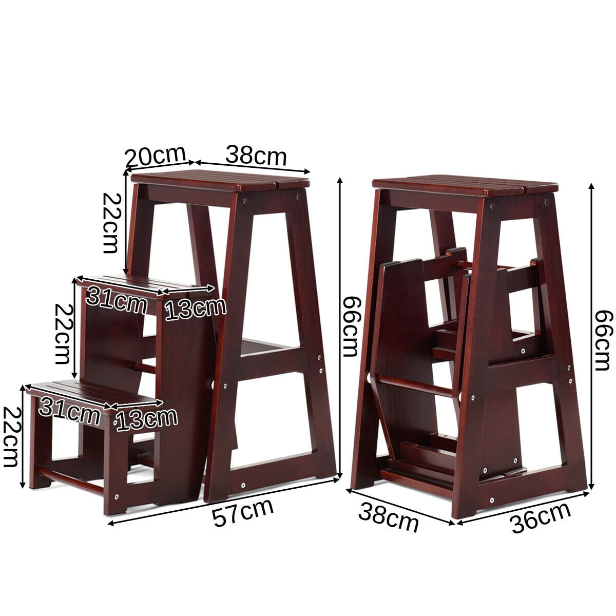 Folding 3 tier Step Stool Wooden Folding Stepladder Shelf-Coffee