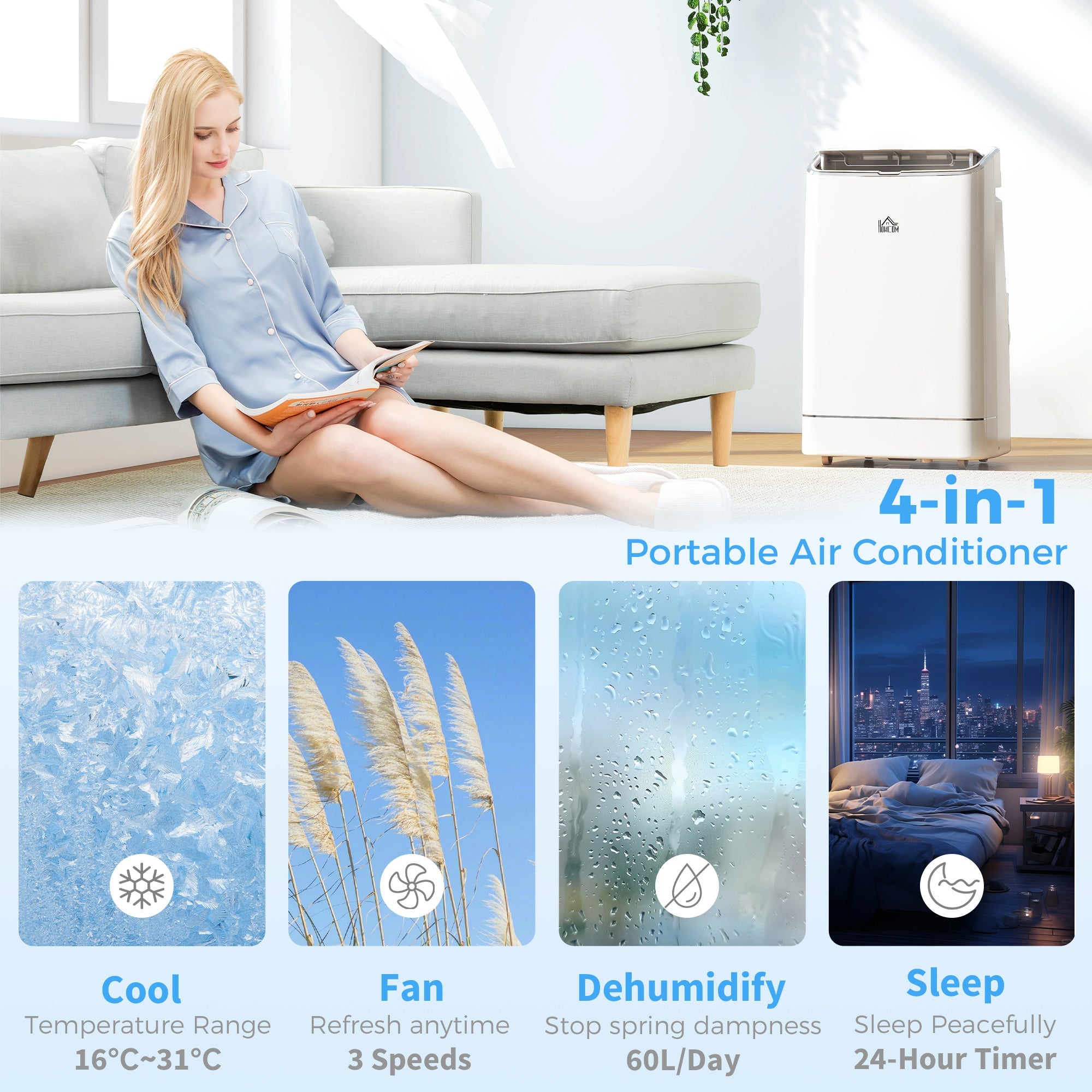 HOMCOM 14000 BTU Mobile Air Conditioner, 35mÂ², Smart Home WiFi, with Dehumidifier, Fan, 24H Timer, Window Kit, White