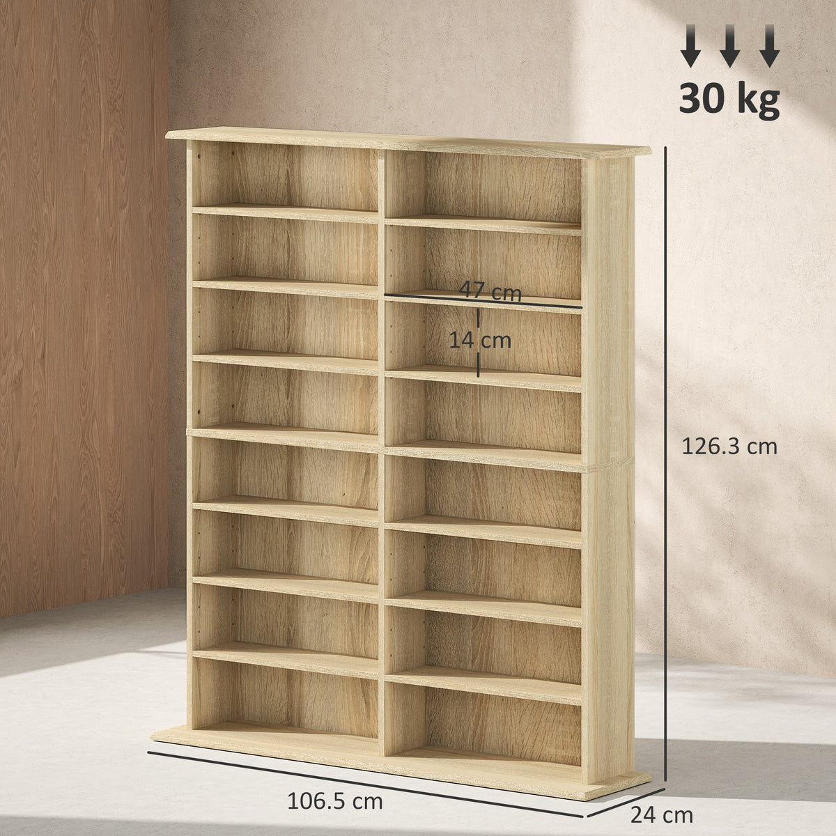 HOMCOM 16-Compartment Media Shelf - Nature Wood Finish
