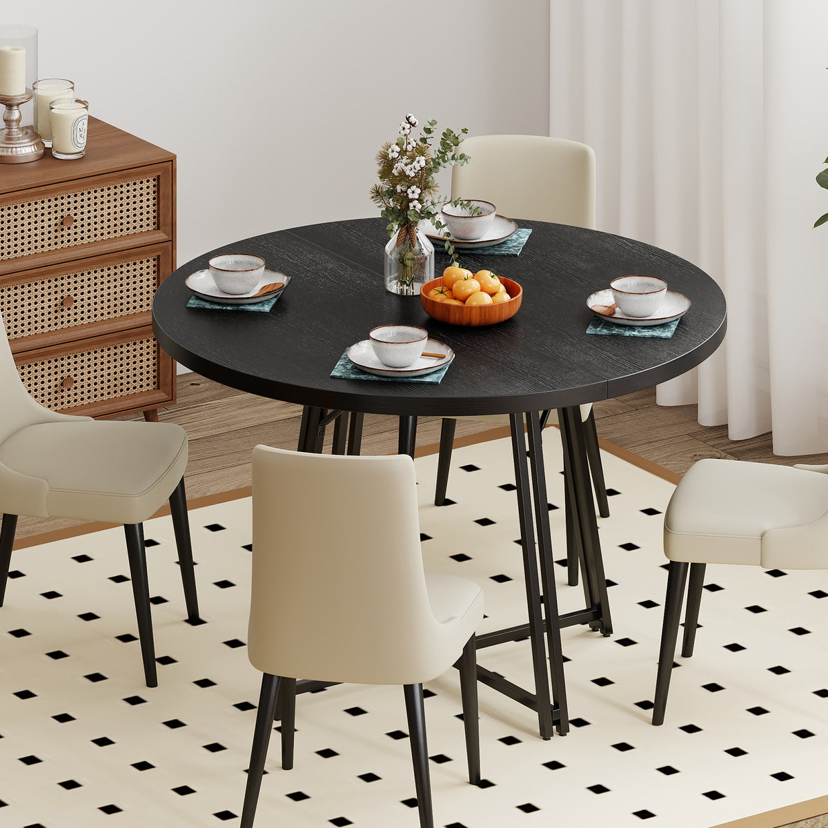 47 Inch Dining Table for 4-6 People Round Kitchen Table with 8 Metal Supporting Legs and Cross Base-Black