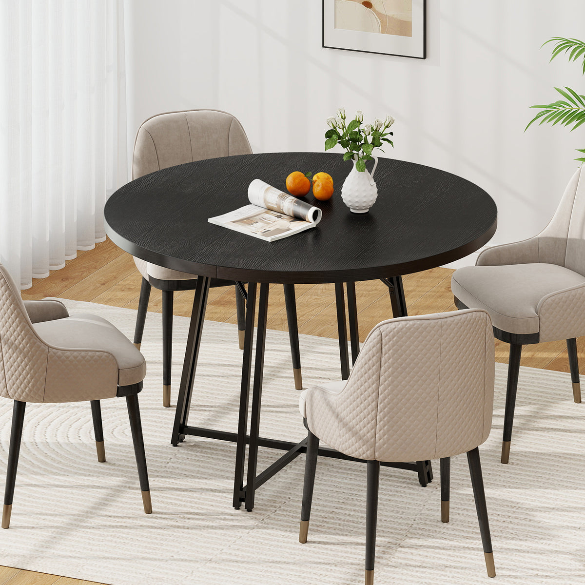 47 Inch Dining Table for 4-6 People Round Kitchen Table with 8 Metal Supporting Legs and Cross Base-Black