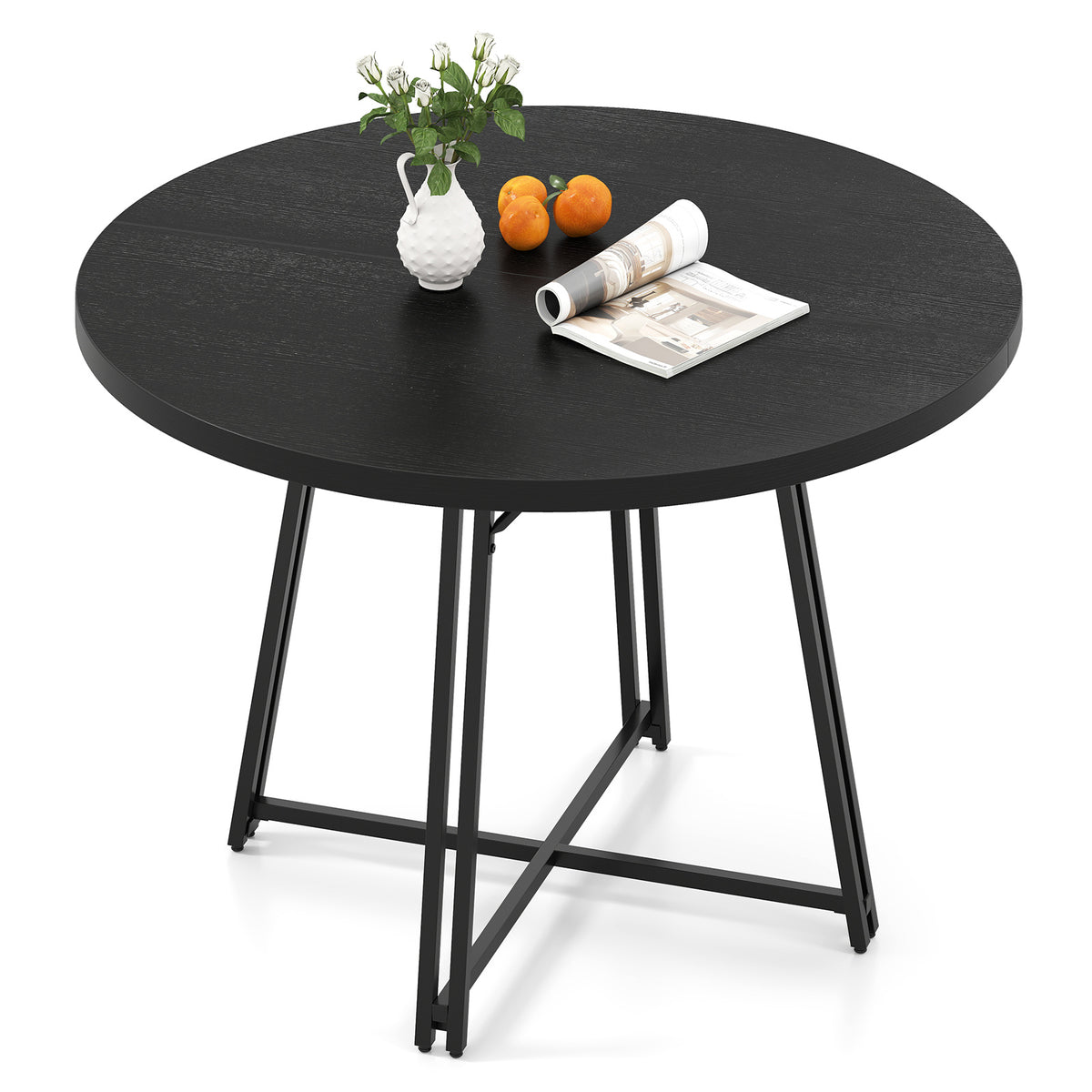 47 Inch Dining Table for 4-6 People Round Kitchen Table with 8 Metal Supporting Legs and Cross Base-Black