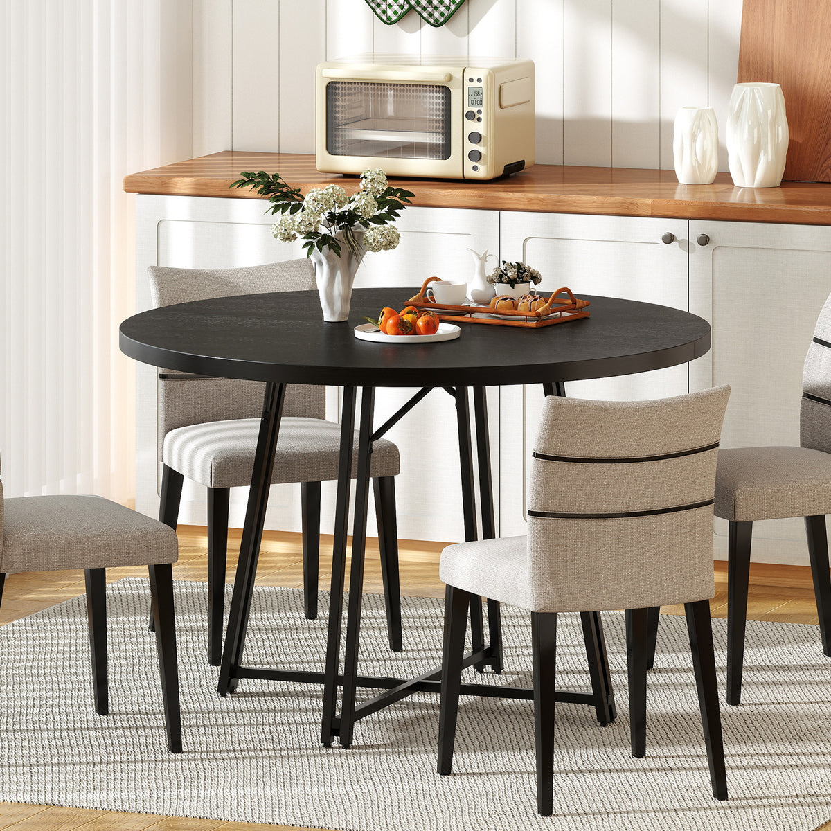 47 Inch Dining Table for 4-6 People Round Kitchen Table with 8 Metal Supporting Legs and Cross Base-Black