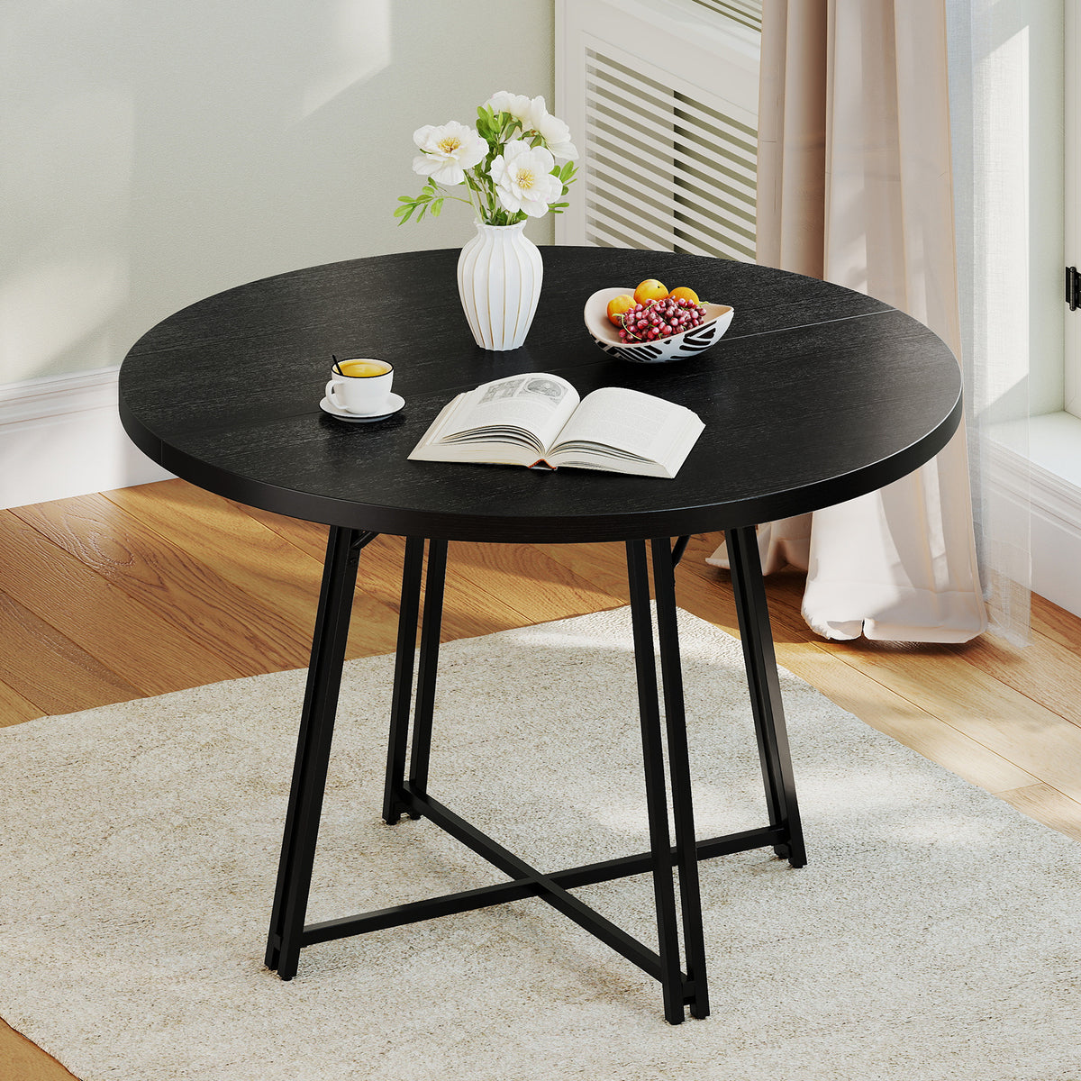 47 Inch Dining Table for 4-6 People Round Kitchen Table with 8 Metal Supporting Legs and Cross Base-Black