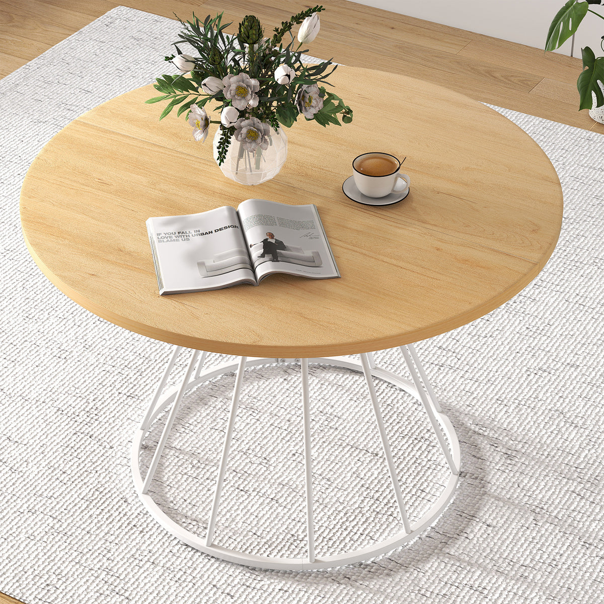 Round Dining Table for 4 with Wooden Tabletop and Metal Base-Natrual