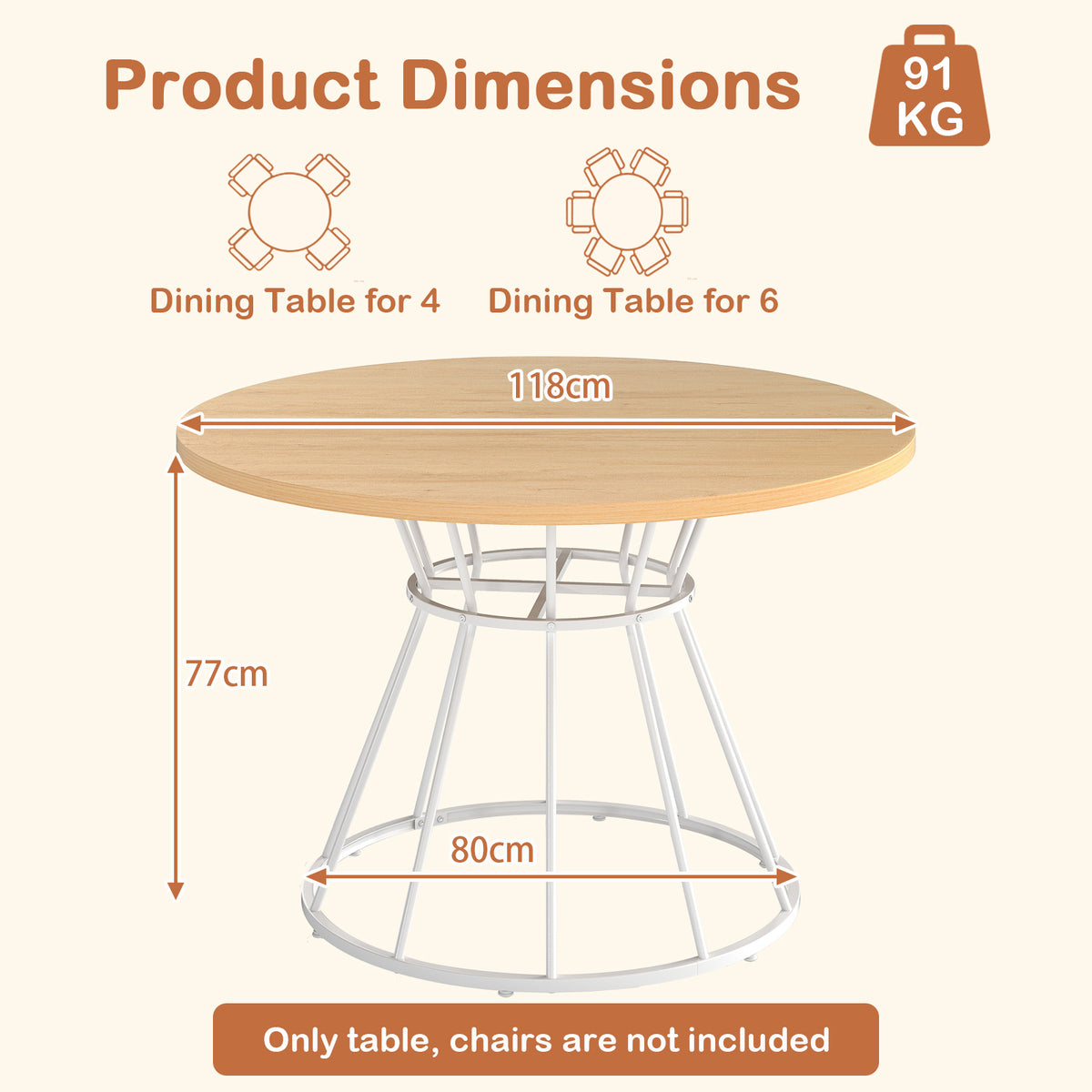 Round Dining Table for 4 with Wooden Tabletop and Metal Base-Natrual