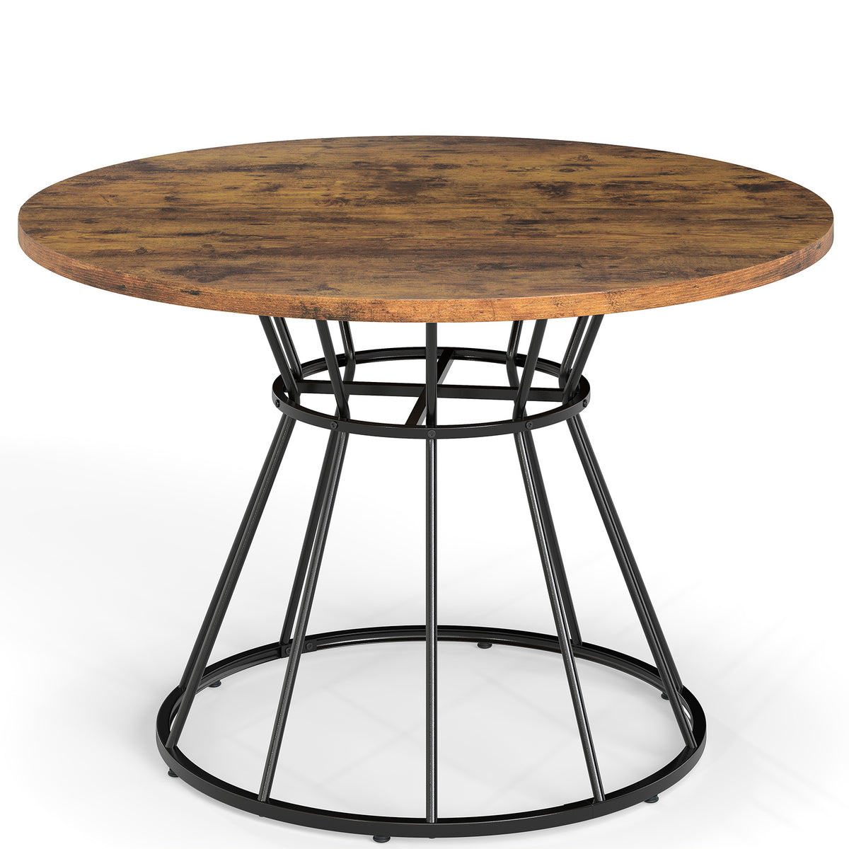 Round Dining Table for 4 with Wooden Tabletop and Metal Base-Rustic Brown