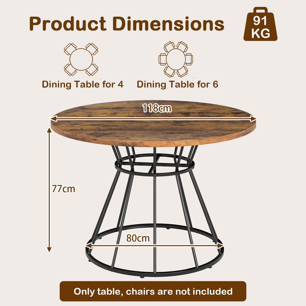 Round Dining Table for 4 with Wooden Tabletop and Metal Base-Rustic Brown
