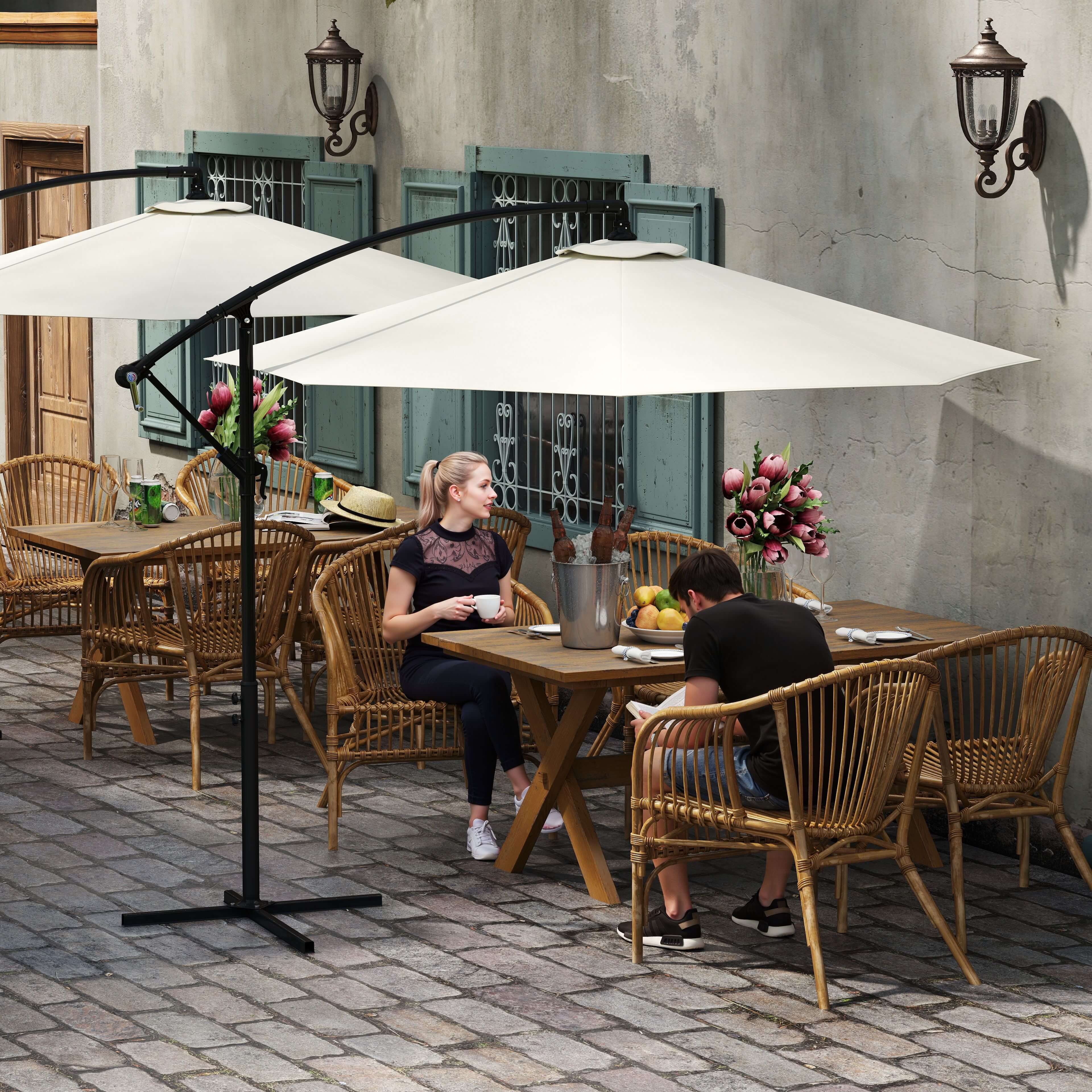 Outsunny 3 m Parasol Garden Sun Umbrella Banana Hanging Rattan Set Umbrella Cantilever - Cream white