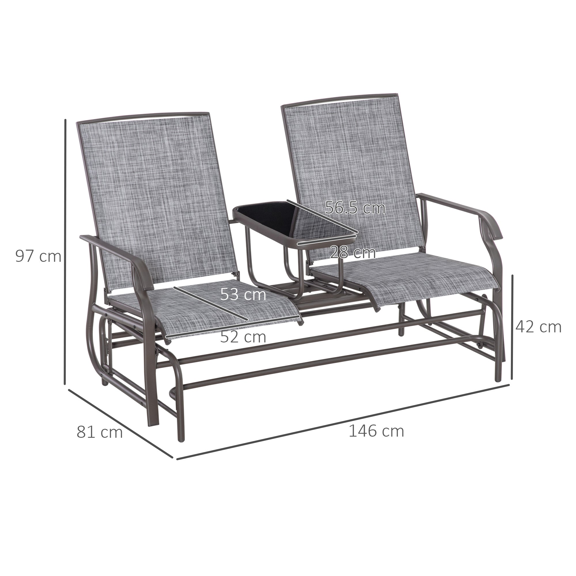 Outsunny 2 Seats Garden Glider Bench, Metal Frame Loveseat with Glass Top Centre Table, Porch Rocking Glider for 2 Person, for Deck, Patio, Brown/ Grey
