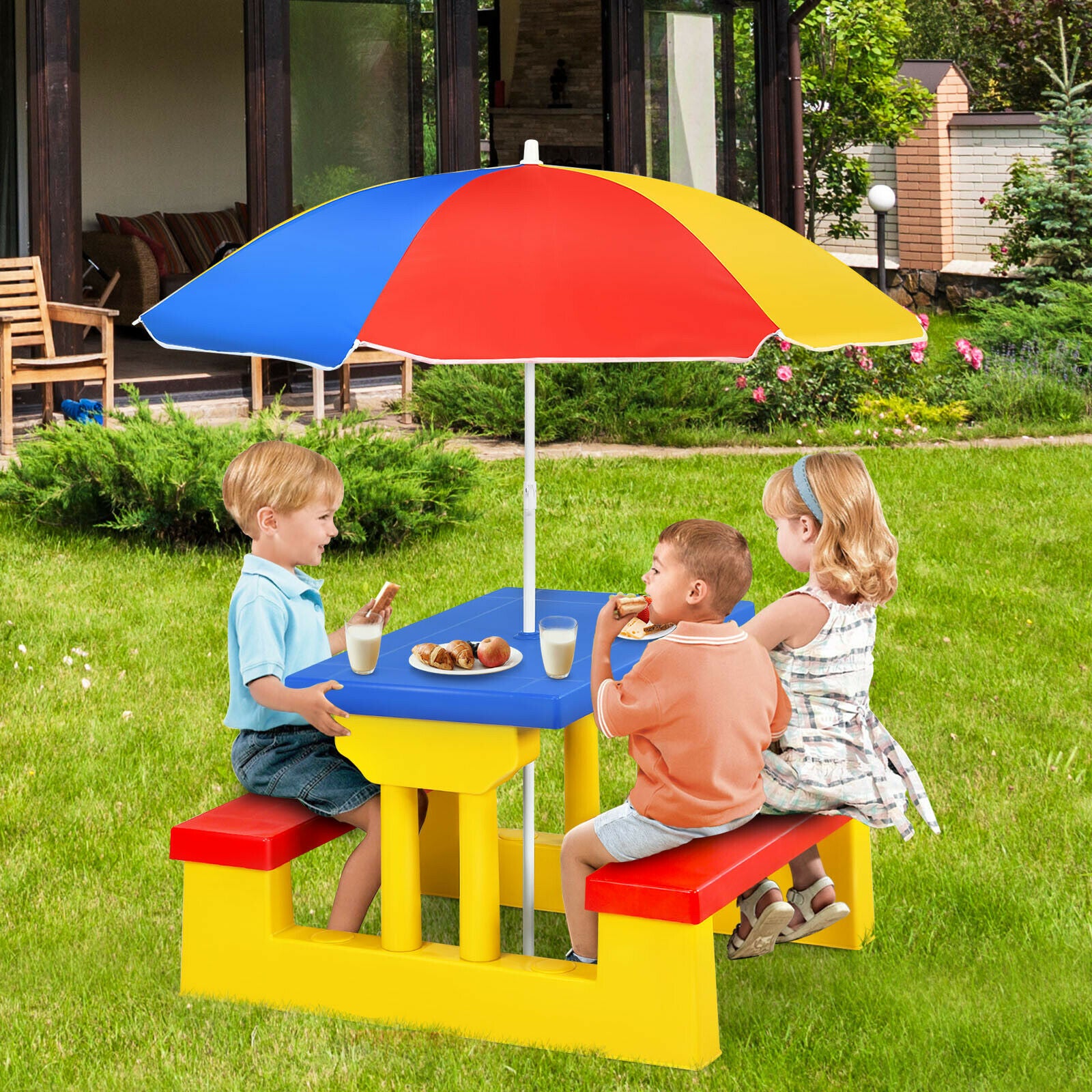Kids Picnic Table Set with Removable Umbrella-Color