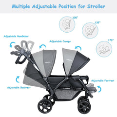 Diagram showing the adjustable features of the black double pushchair
