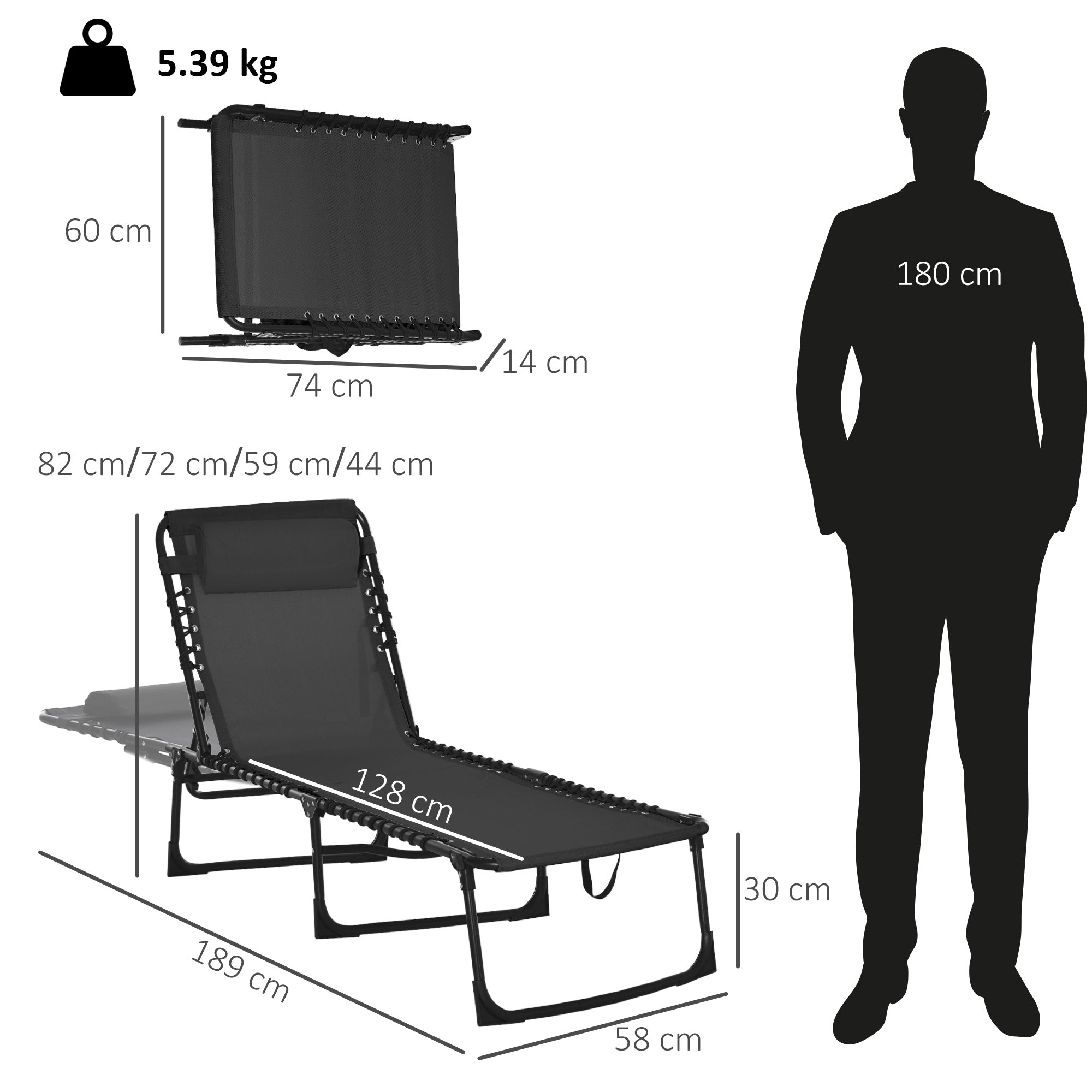 Outsunny Foldable Sun Lounger, Outdoor 4 Level Adjustable Backrest Reclining Chaise Chair, Steel Frame Recliner Chair for Camping, Hiking, Black