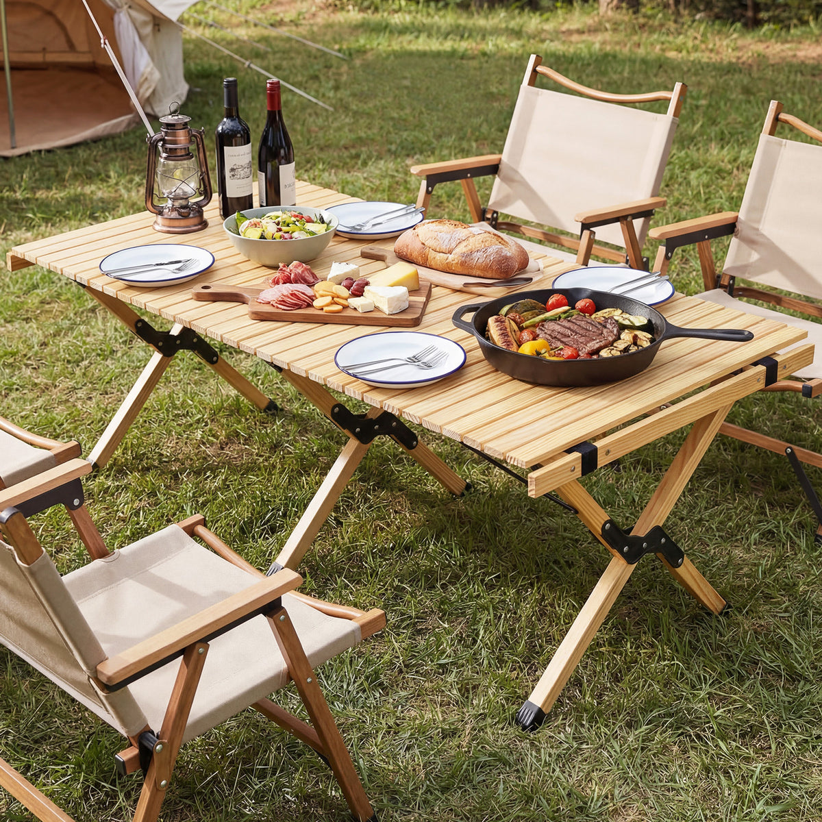 48" Folding Camping Table with Carrying Bag for 4-6 People Portable-Natural