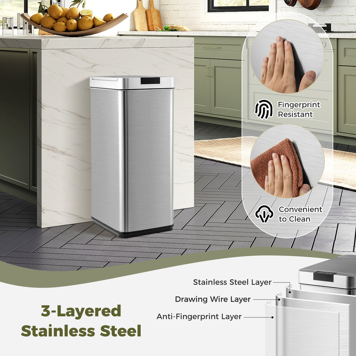48L Automatic Trash Can with Lid-Silver