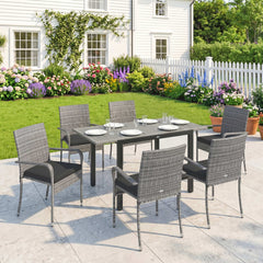 Outsunny 7 Piece Rattan Garden Furniture Set, 6 Seater Garden Table and 6 Stackable Chairs with Extendable Acacia Wood Tabletop