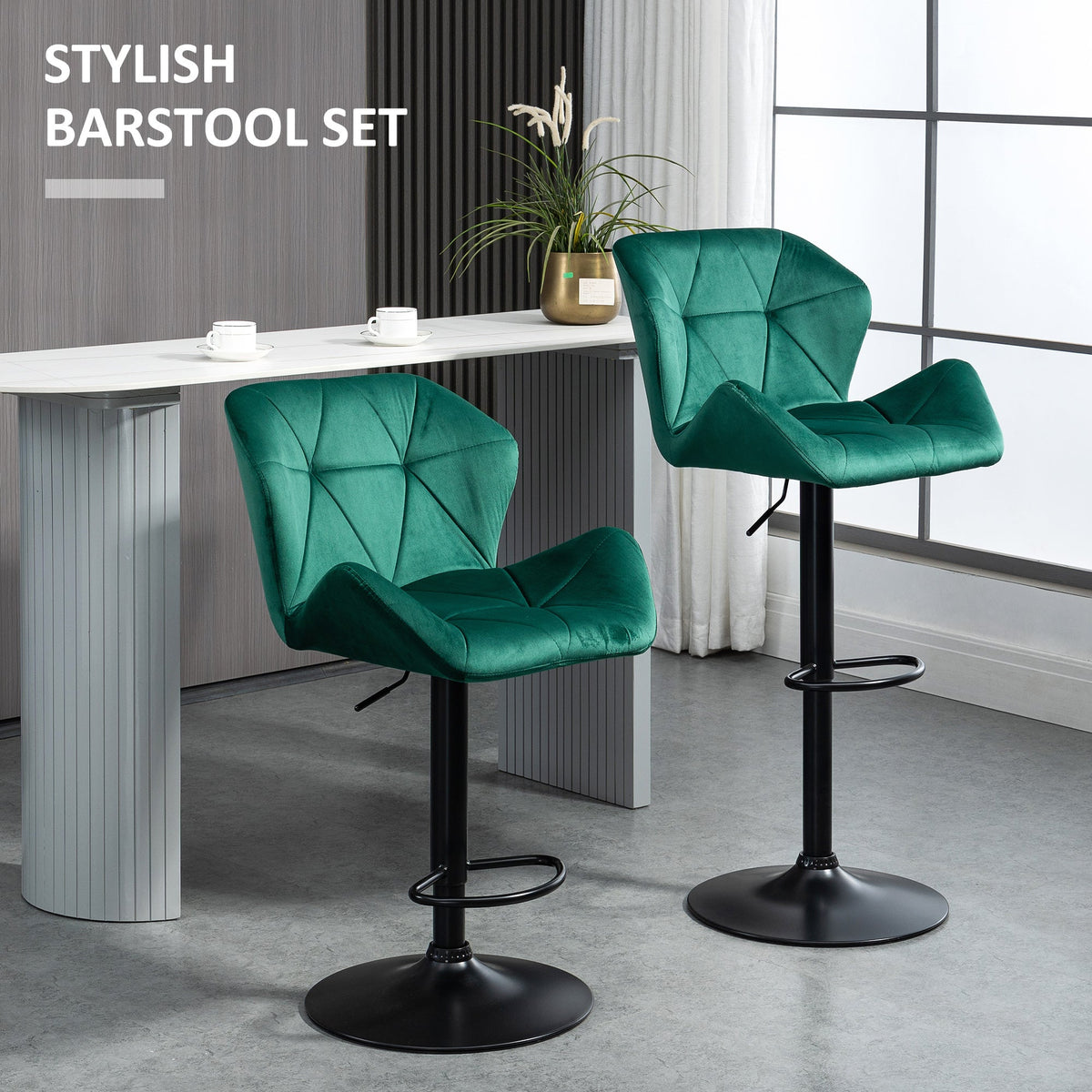 HOMCOM Bar Stools Set Of 2, Velvet-Touch Barstools with Metal Frame Footrest and Adjustable Height, Green