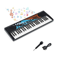 49 Keys Portable Kids Piano Keyboard in black with a microphone and USB cable attached