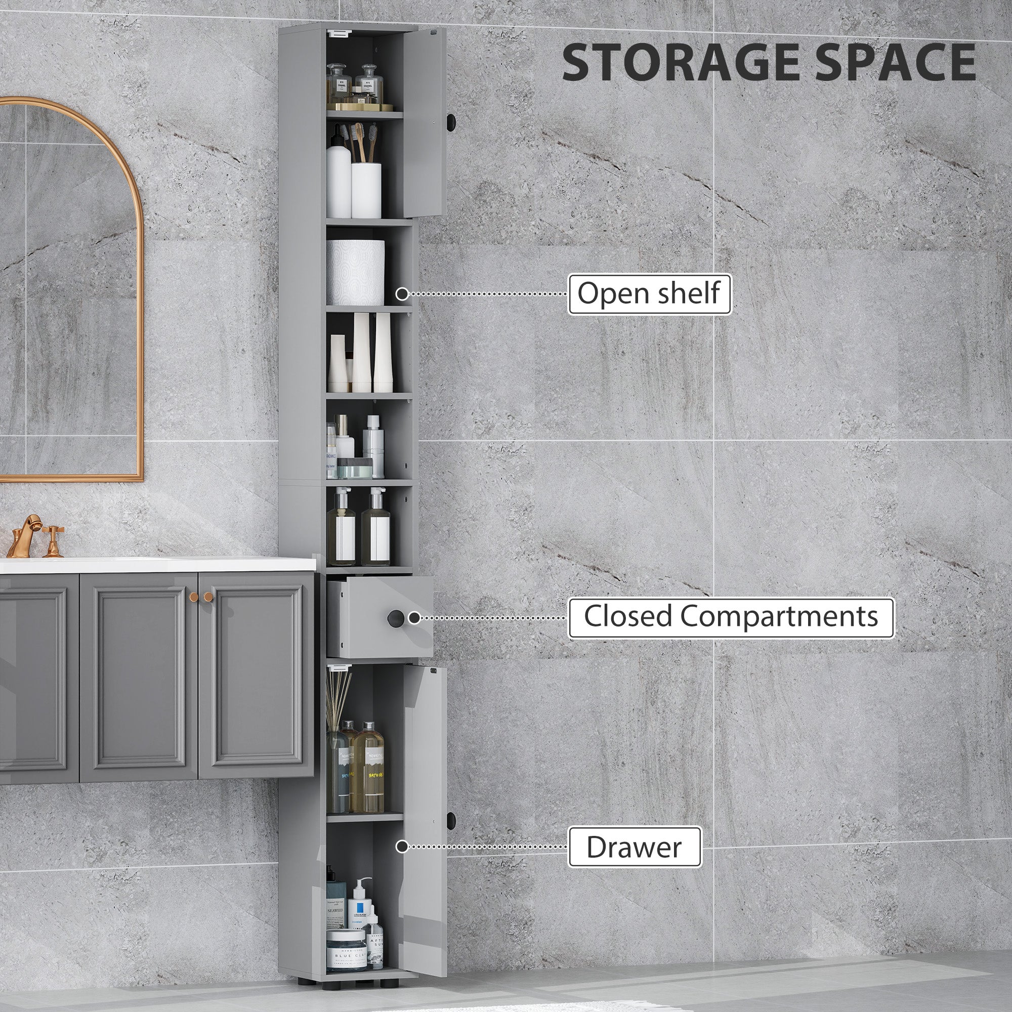kleankin 180cm Slim Bathroom Cabinet, with Drawer, Shelves and Cupboards - Grey