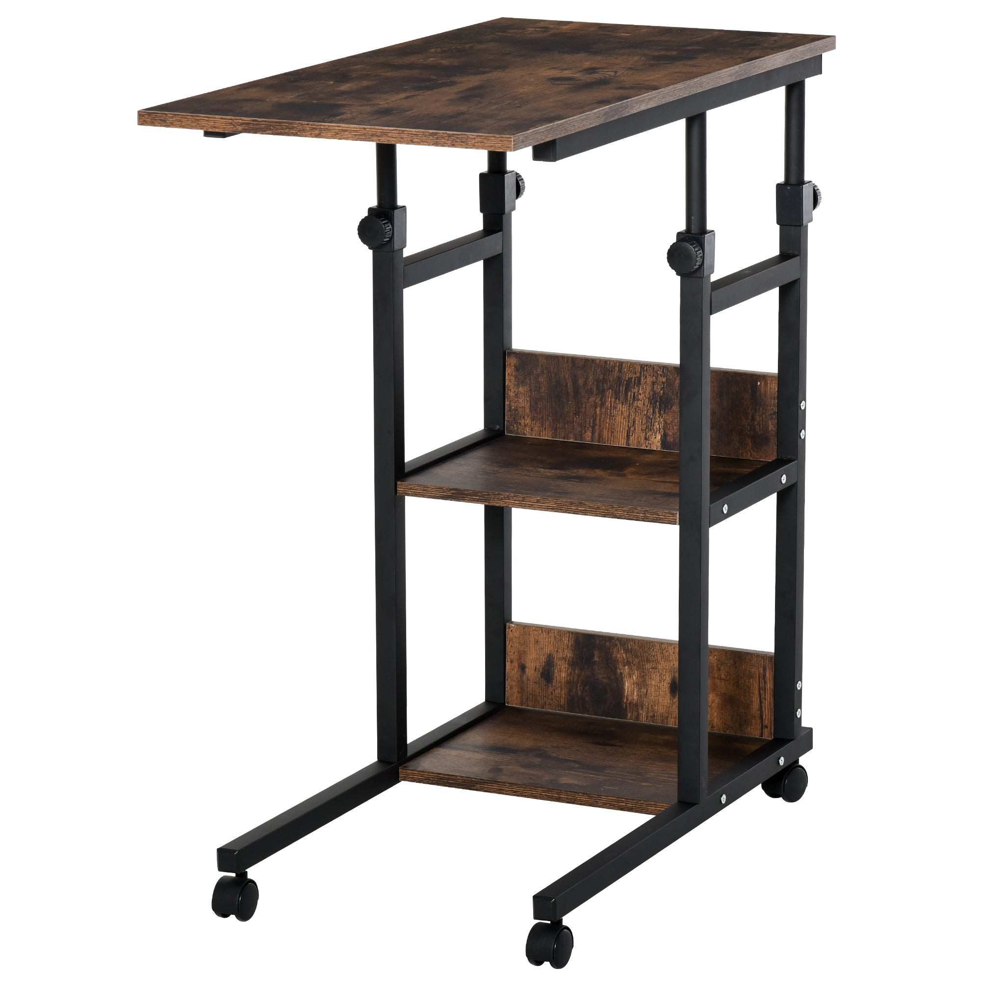 HOMCOM C-Shaped Side Table Industrial Mobile Rolling End Desk with 3-Tier Storage Shelving, Adjustable Height, Wheels