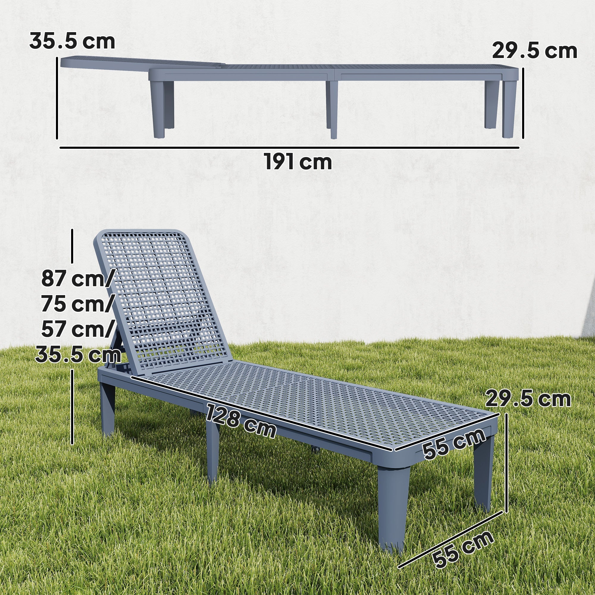 Outsunny Plastic Sun Lounger, 4-Position Adjustable Reclining Garden Lounger Sunbed for Patio, Beach, Terrace, Dark Grey