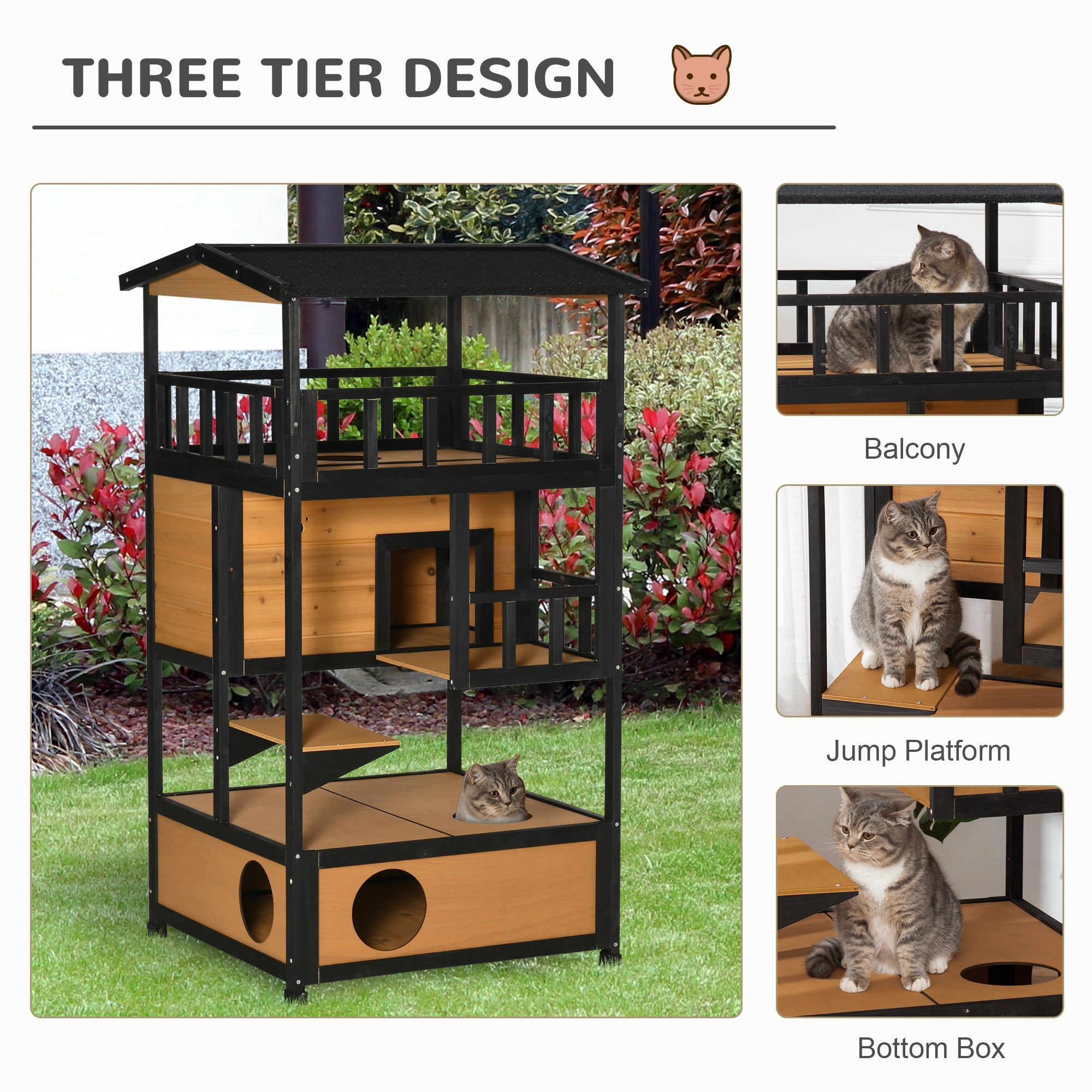 PawHut Wooden Outdoor Cat House, 3-Tier Cat Shelter with Tilted Roof, Terrace, Jump Step, Bottom Tray and Elevated Base, Waterproof Paint, Yellow